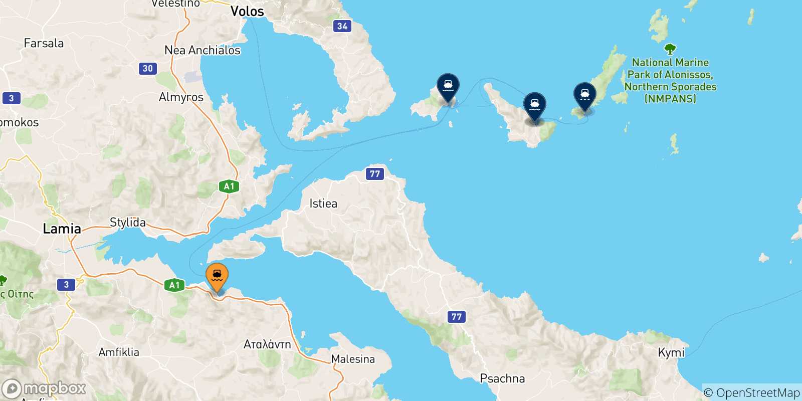 Map of the possible routes between Agios Konstantinos and Greece