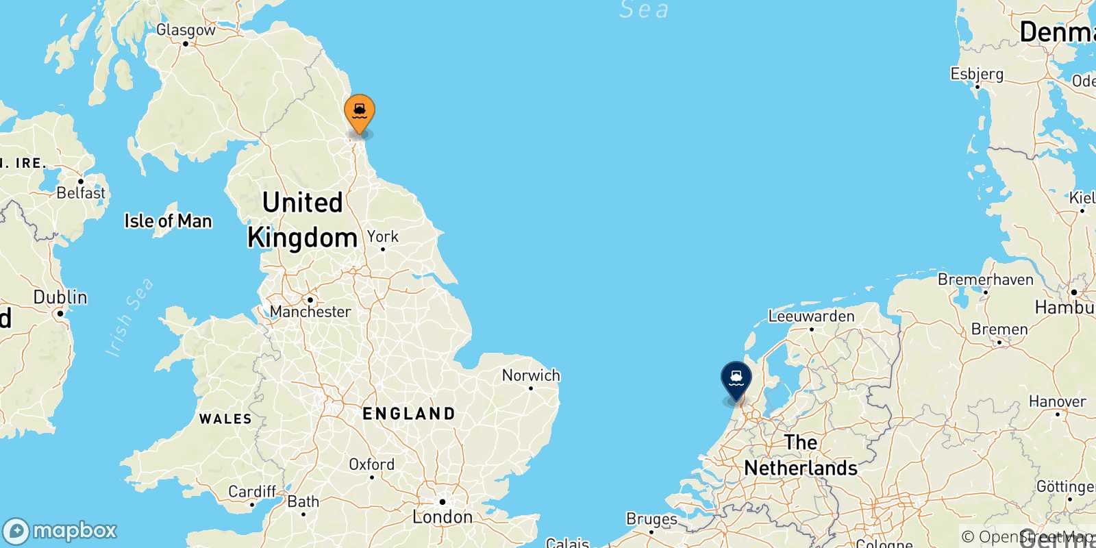 Map of the possible routes between Uk and the Netherlands