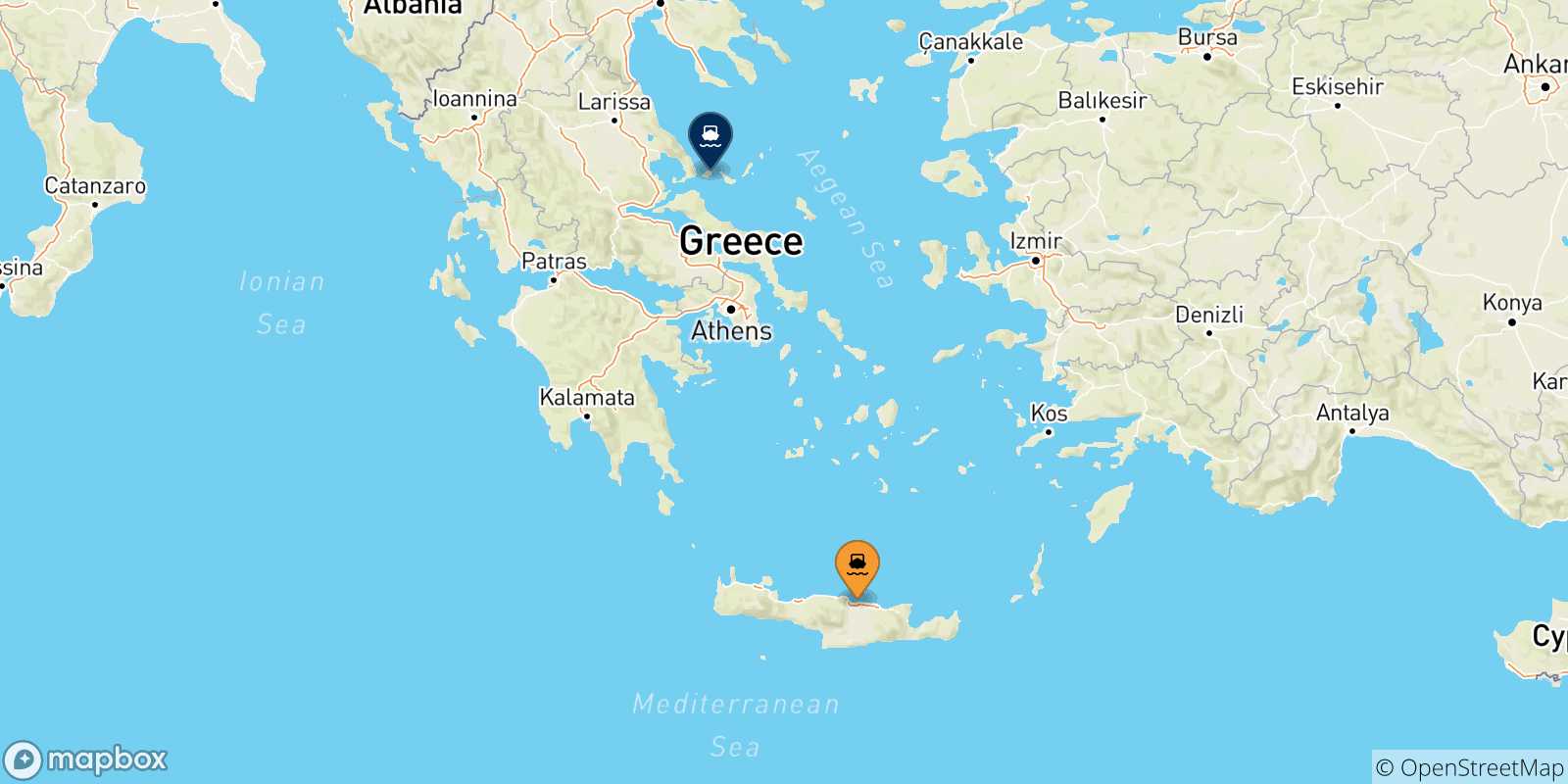 Map of the possible routes between Heraklion and Sporades Islands