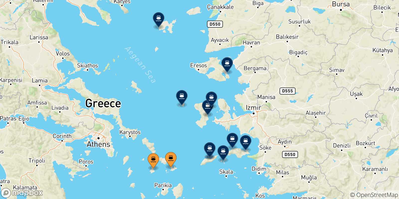 Map of the possible routes between Cyclades Islands and Aegean Islands