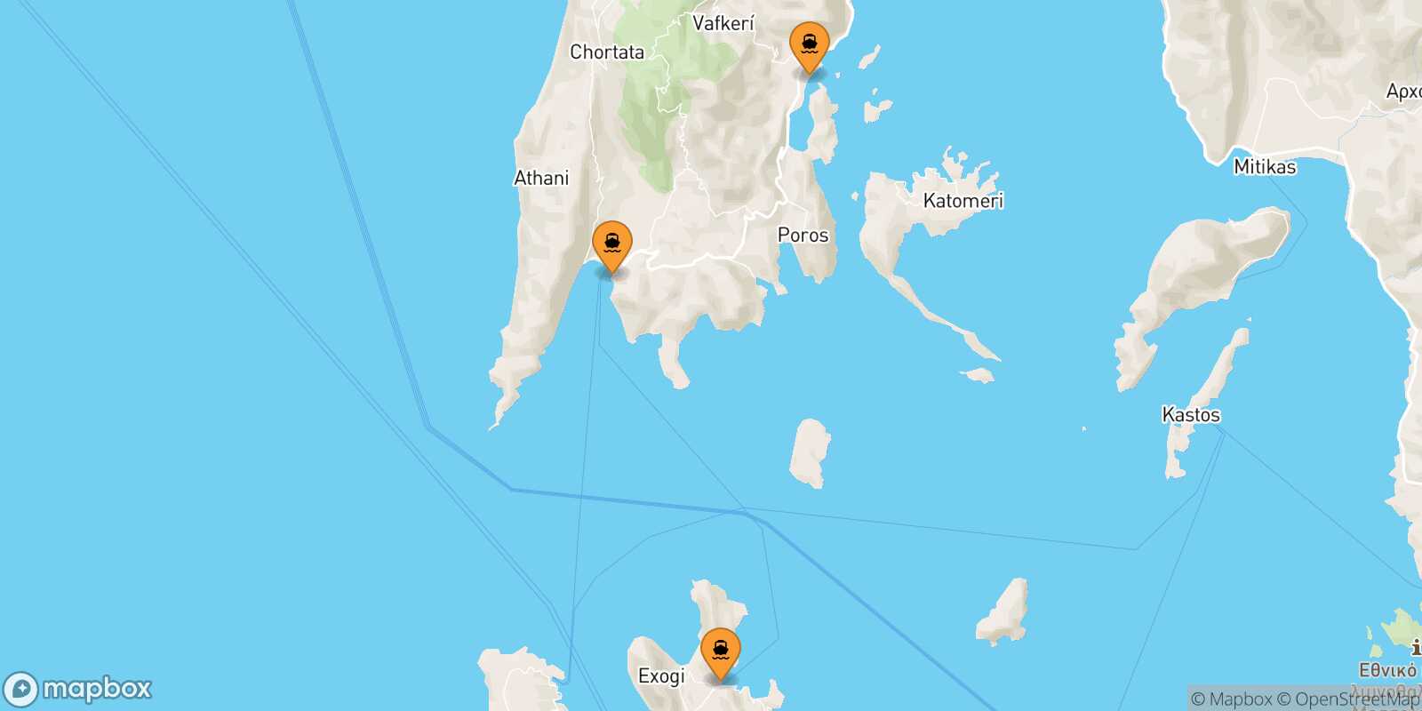 Map of the ports connected with  Fiskardo (Kefalonia)