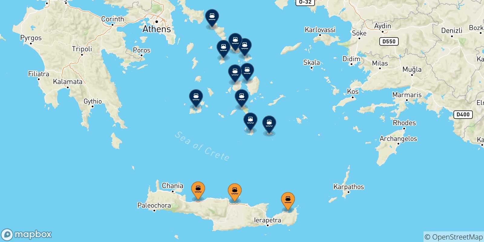 Map of the possible routes between Crete and Cyclades Islands