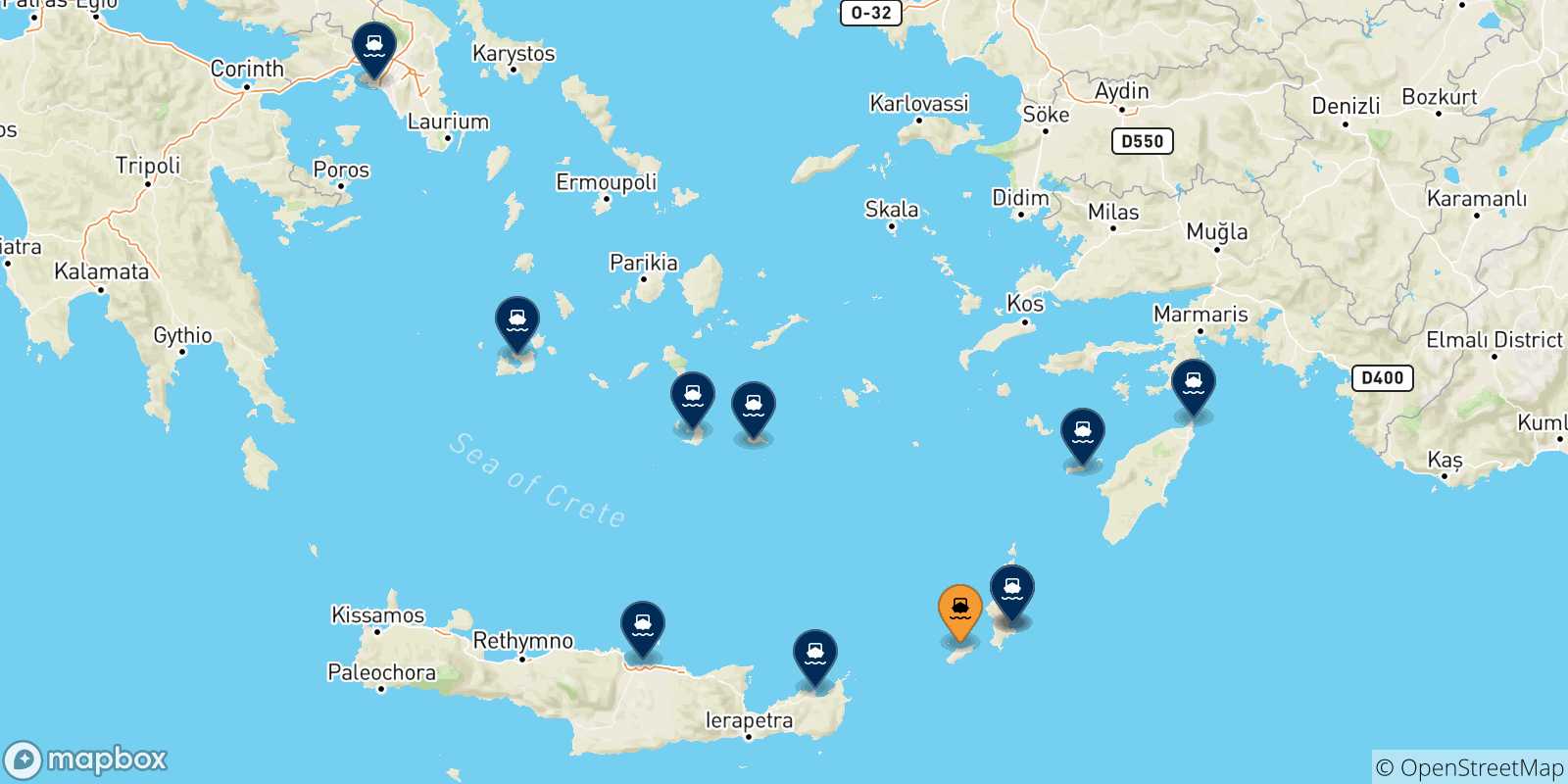 Map of the possible routes between Kasos and Greece