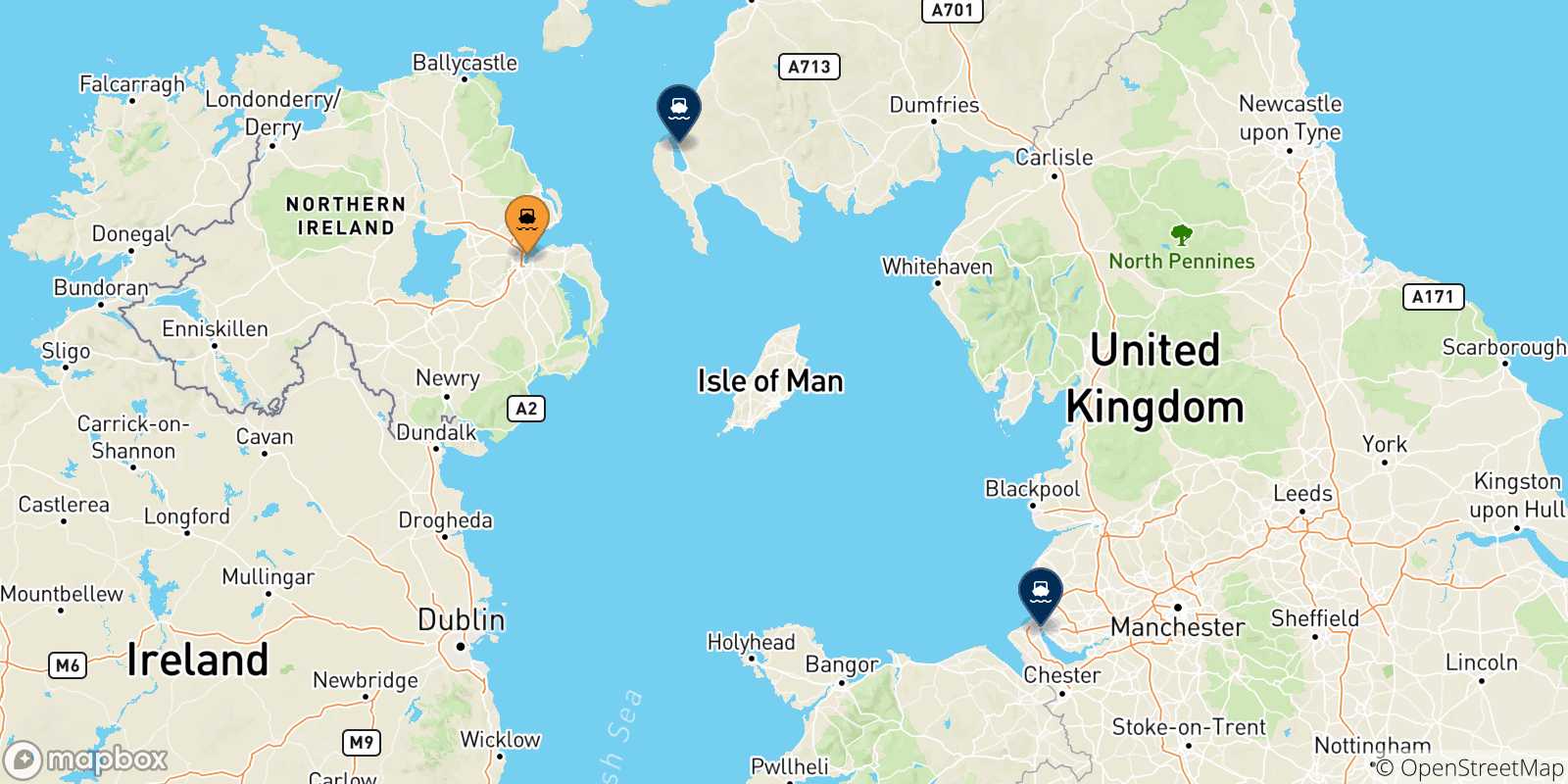 Map of the possible routes between Northern Ireland and Uk