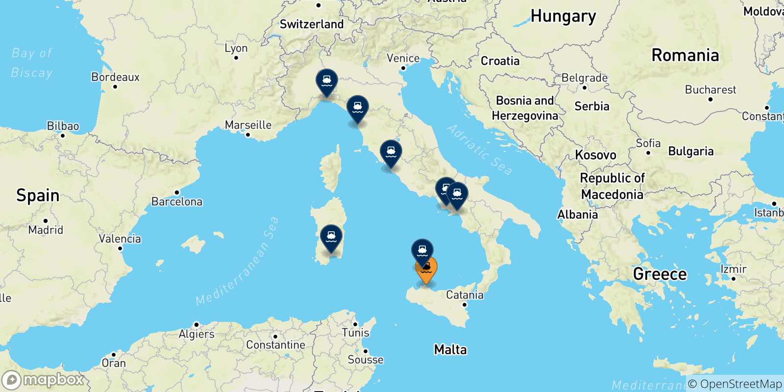 Map of the possible routes between Palermo and Italy