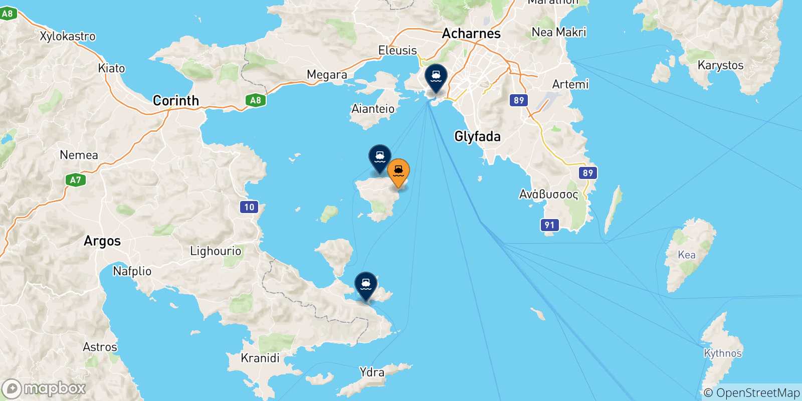 Map of the possible routes between Agia Marina (Aegina) and Greece