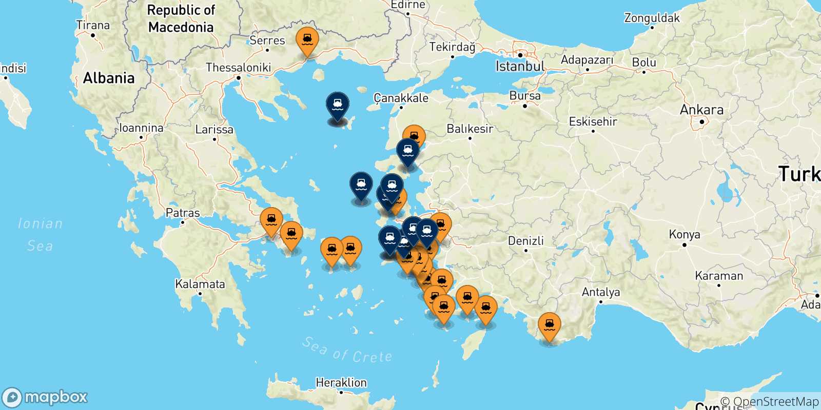 Map of the ports connected with  Aegean Islands
