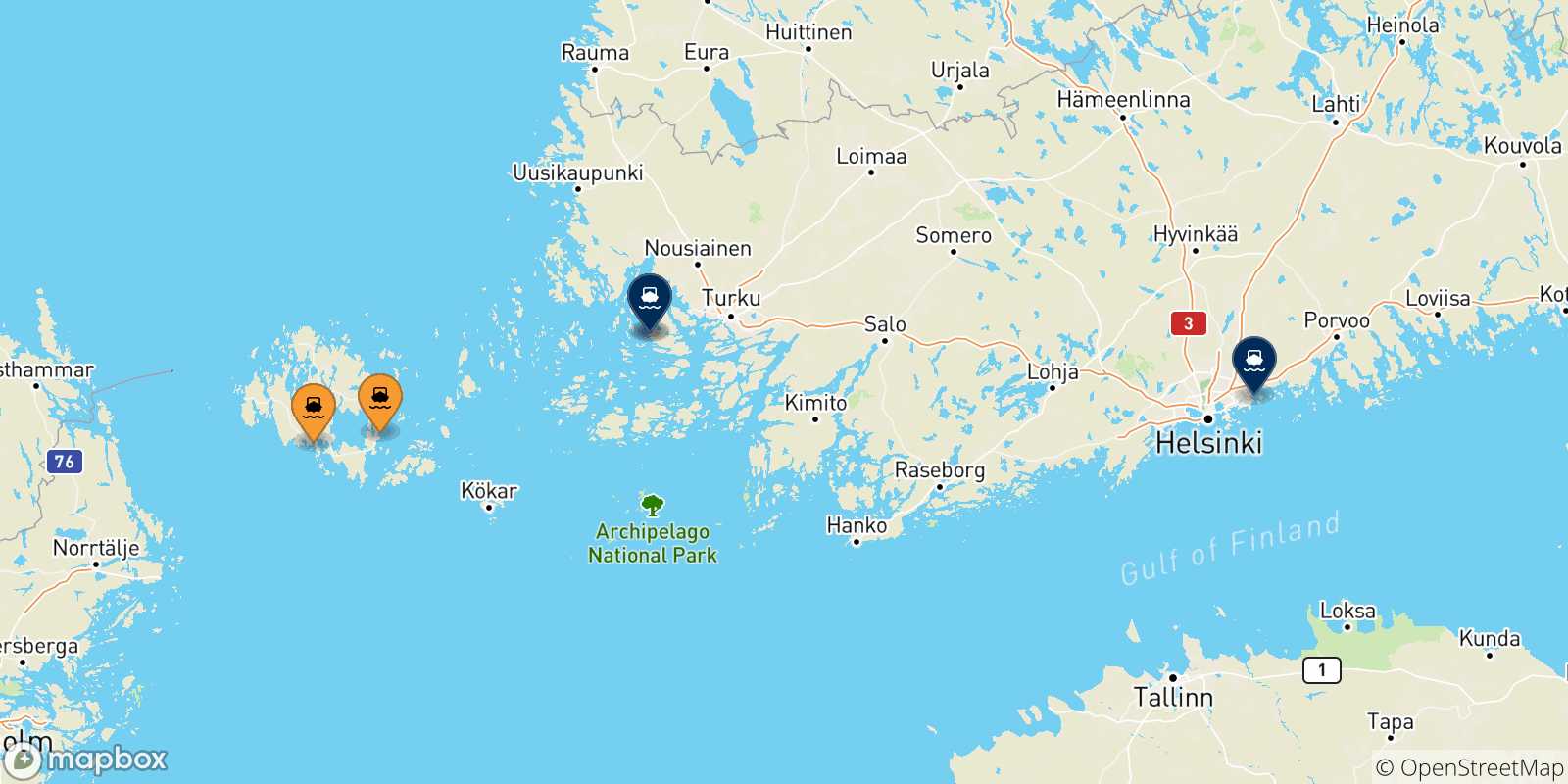 Map of the possible routes between Aland Islands and Finland