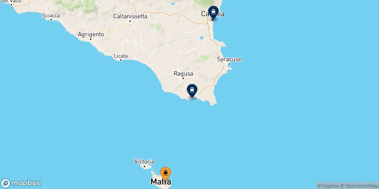 Map of the destinations reachable from La Valletta (Malta)