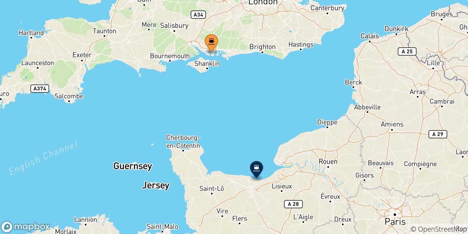 Map of the possible routes between England and Ouistreham (Caen)