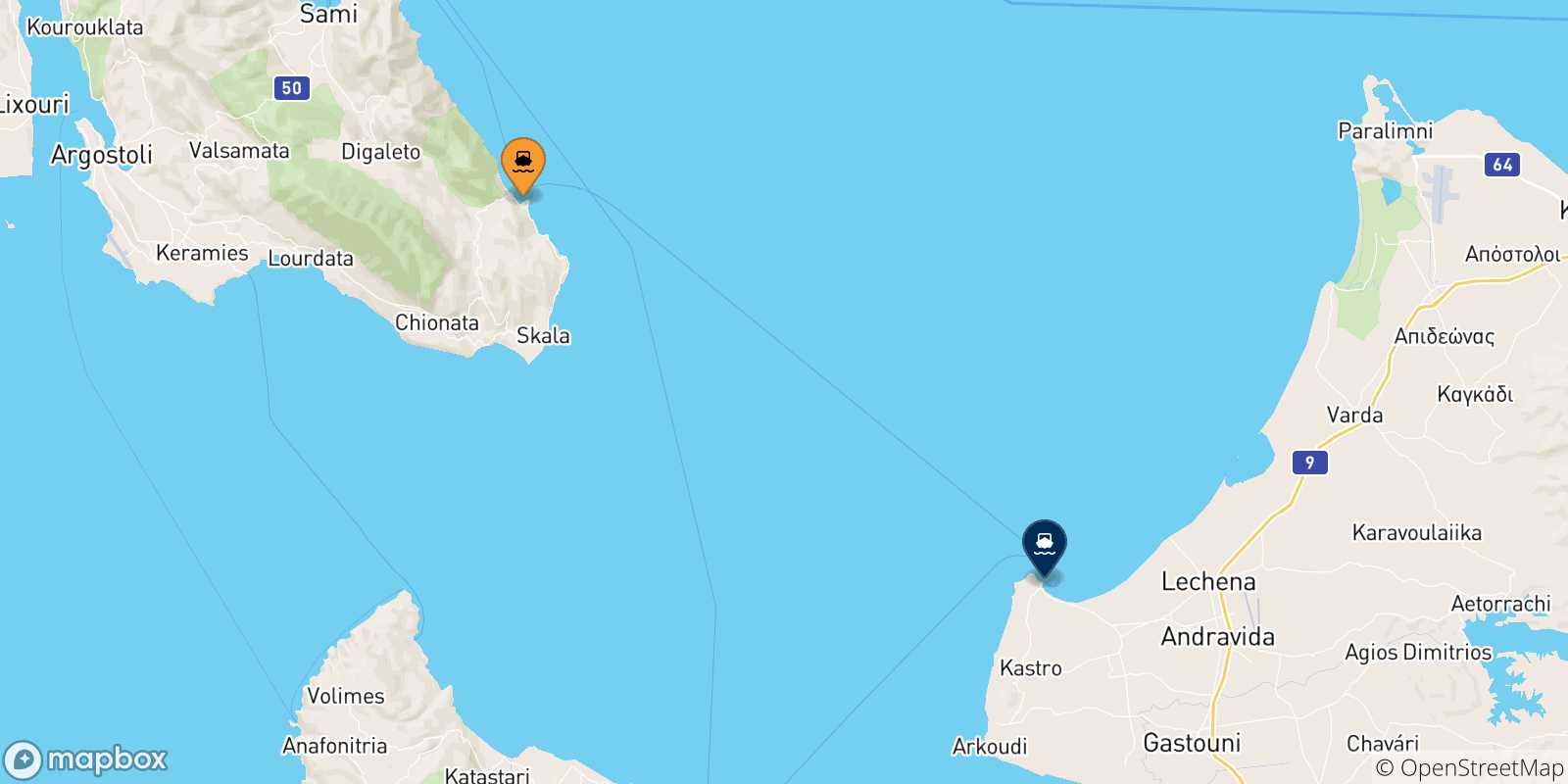 Map of the possible routes between Poros (Kefalonia) and Greece