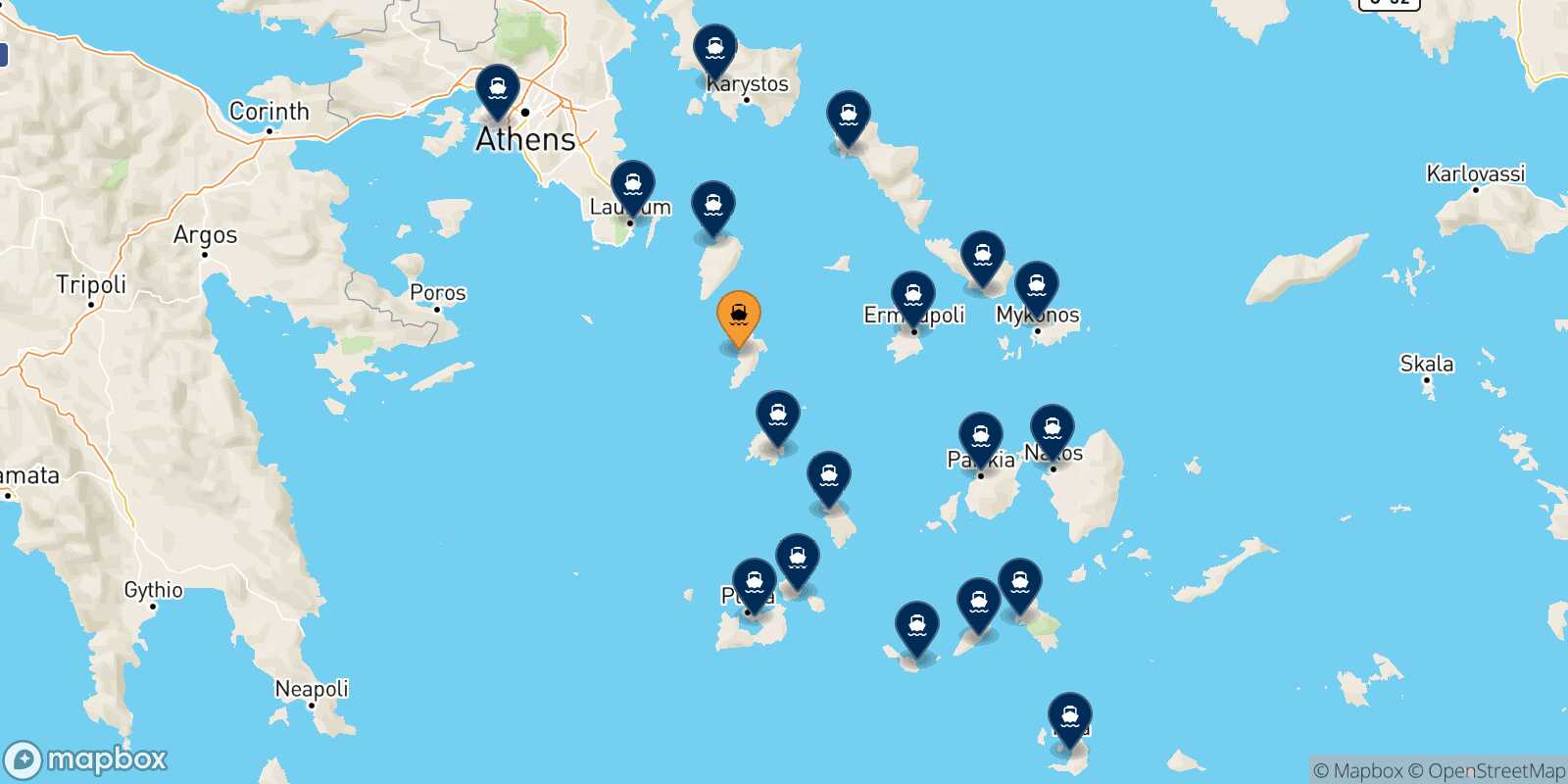 Map of the destinations reachable from Kythnos