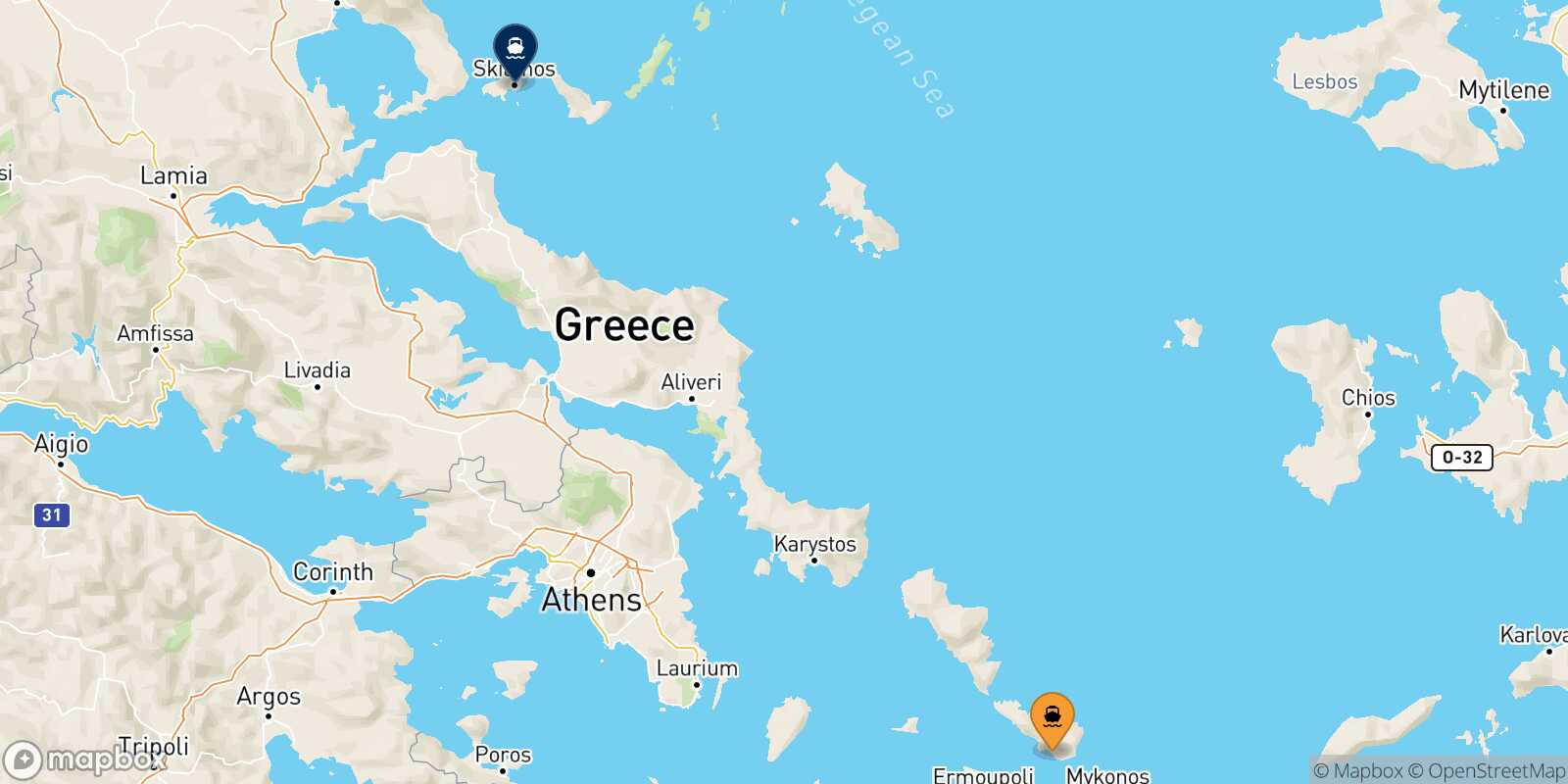 Map of the destinations reachable from Tinos
