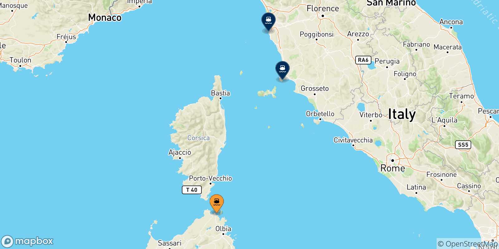 Map of the possible routes between Golfo Aranci and Italy