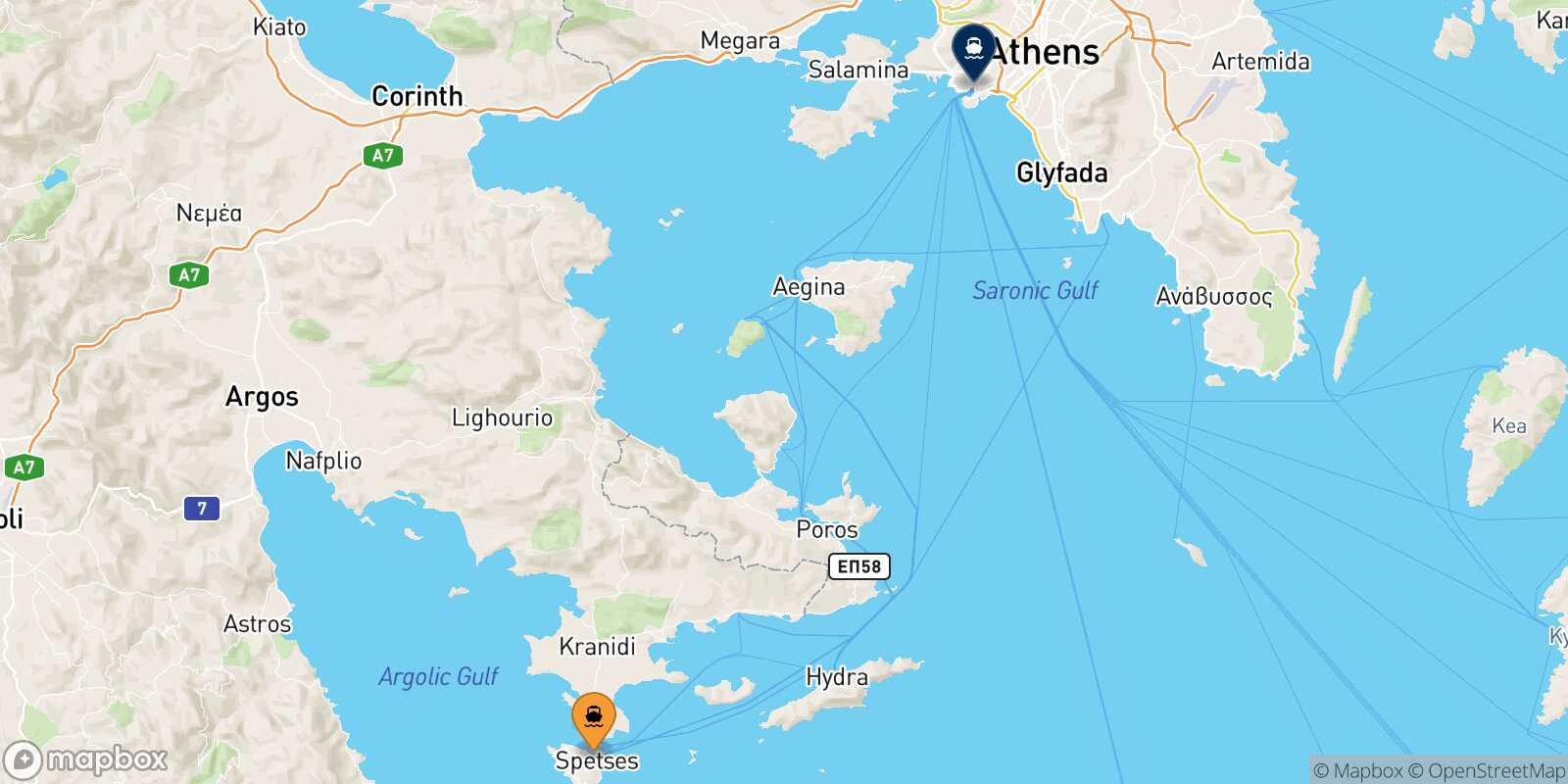 Spetses Piraeus route map