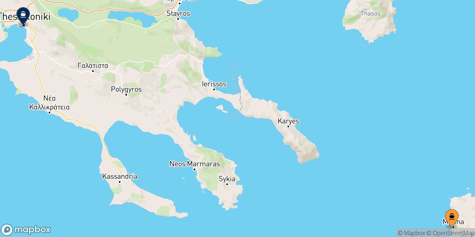 Myrina (Limnos) Thessaloniki route map