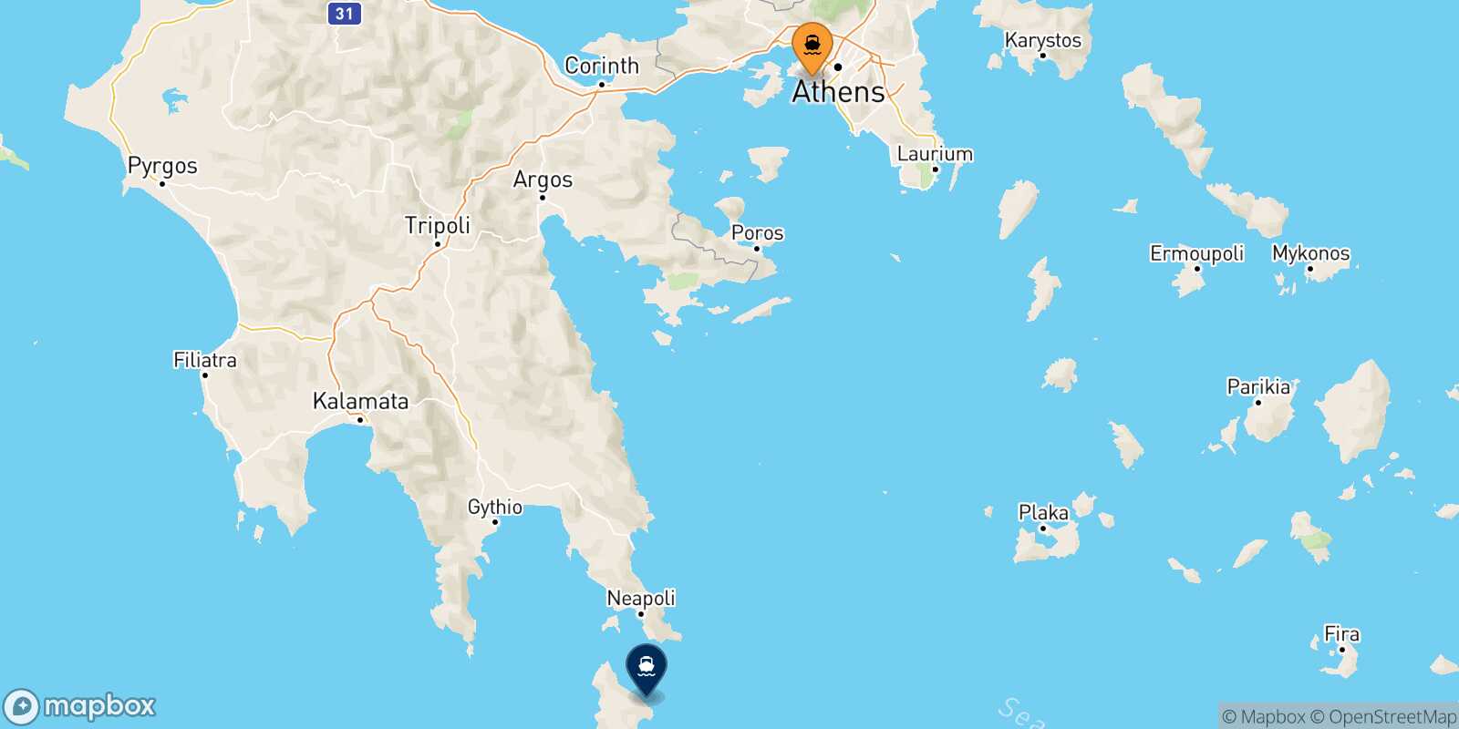 Piraeus Kythira route map