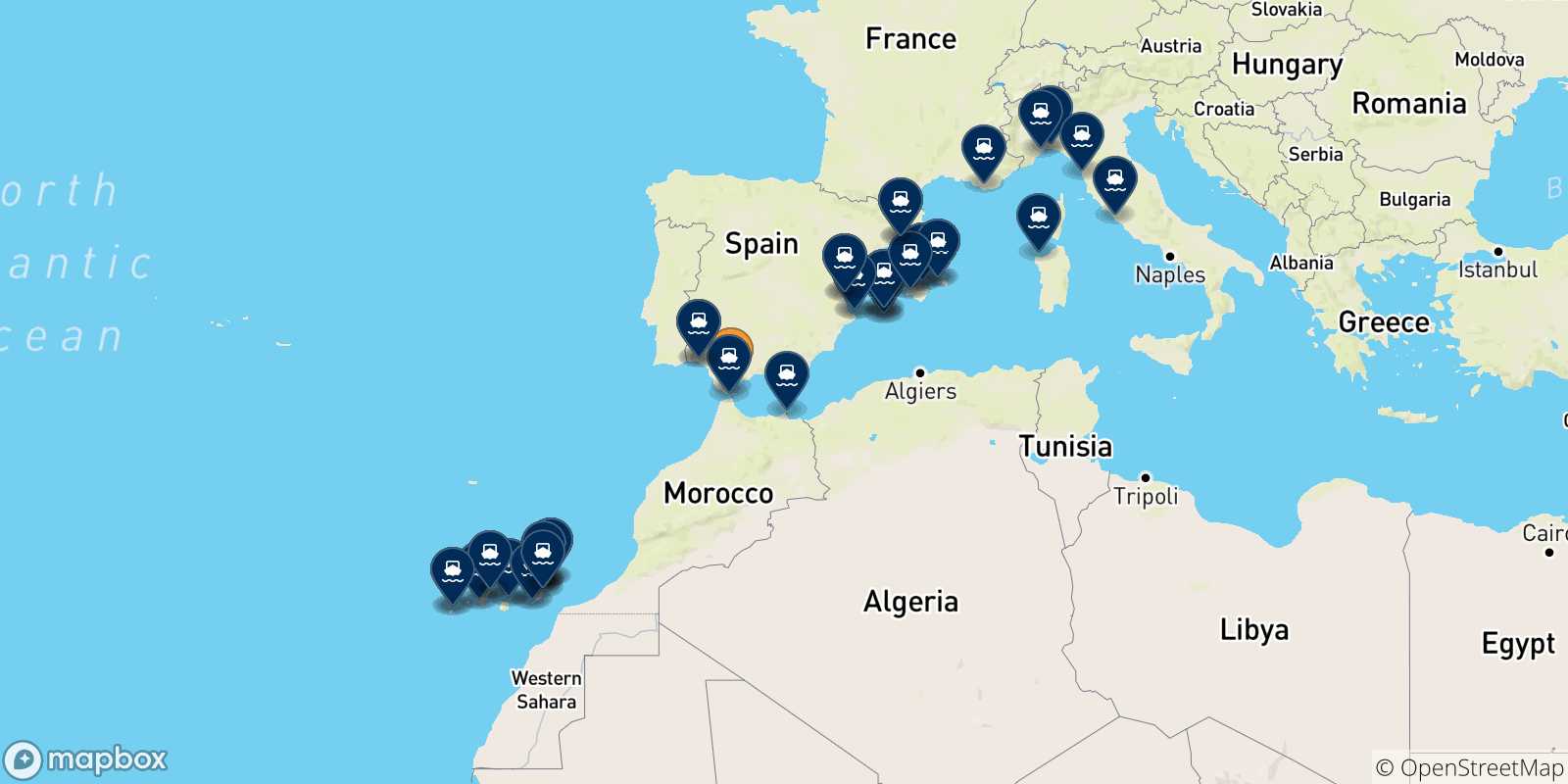Map of the destinations reachable from Spain