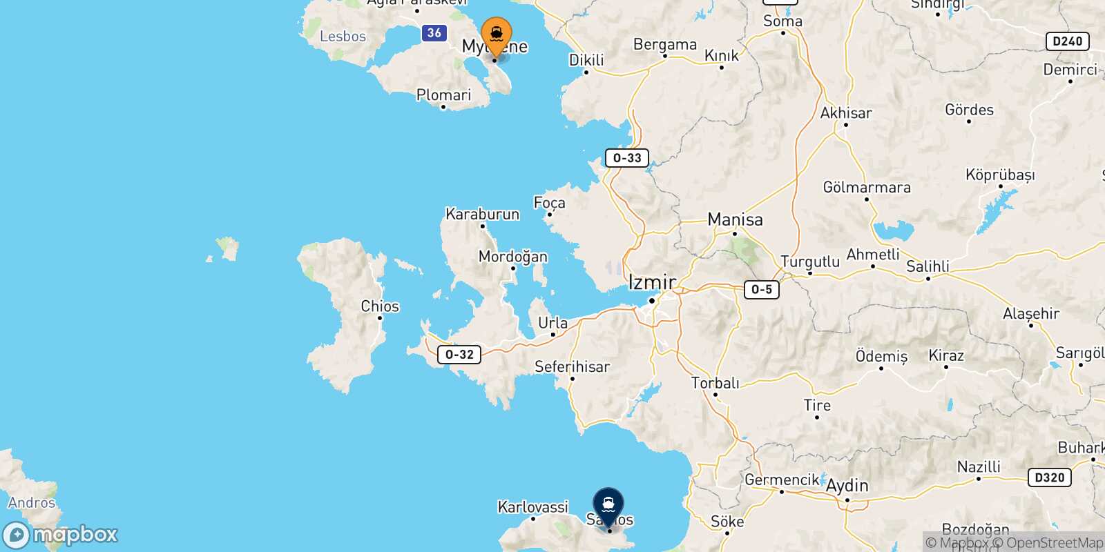 Mytilene (Lesvos) Vathi (Samos) route map