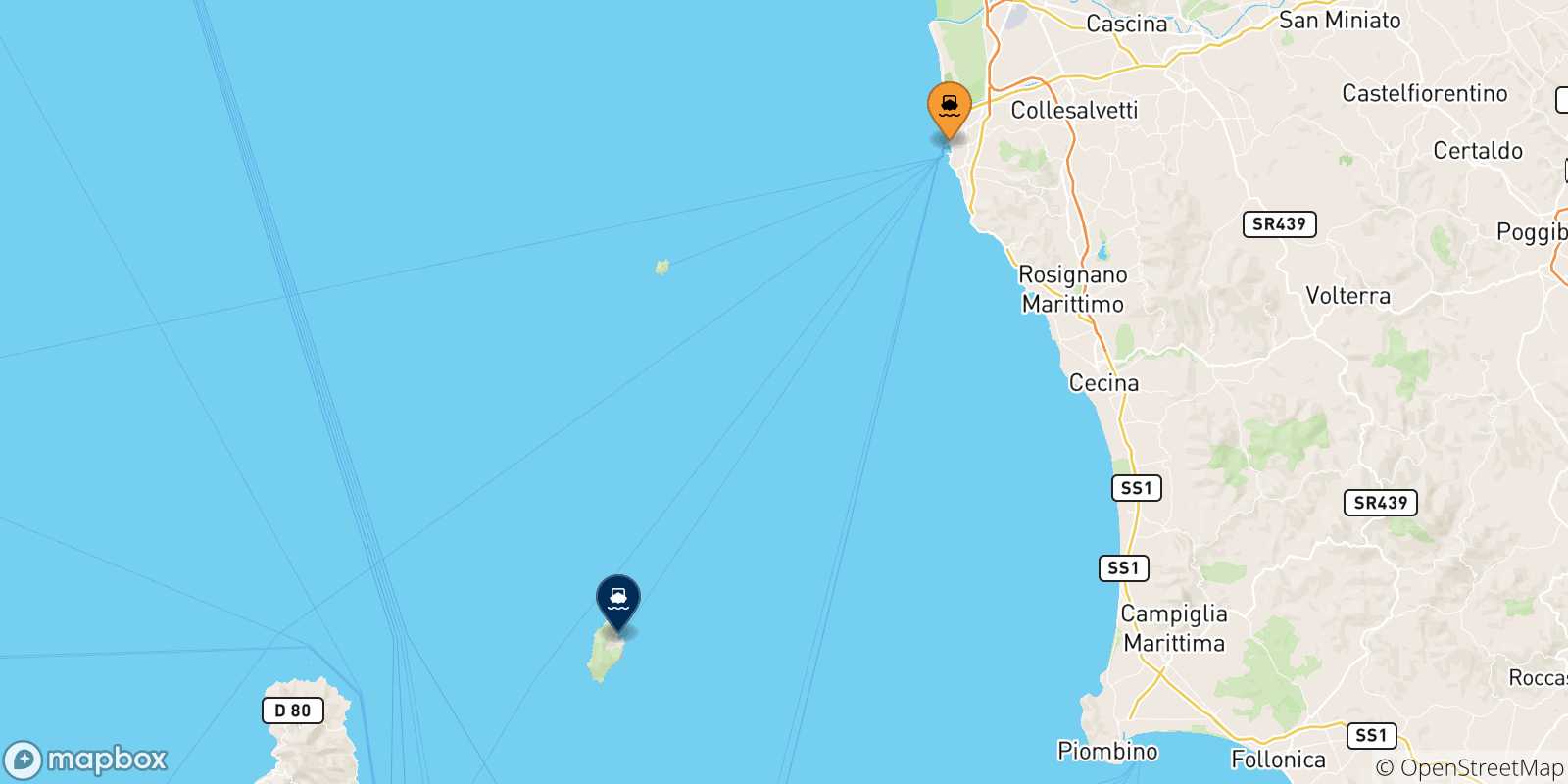 Map of the ports connected with  Capraia Island