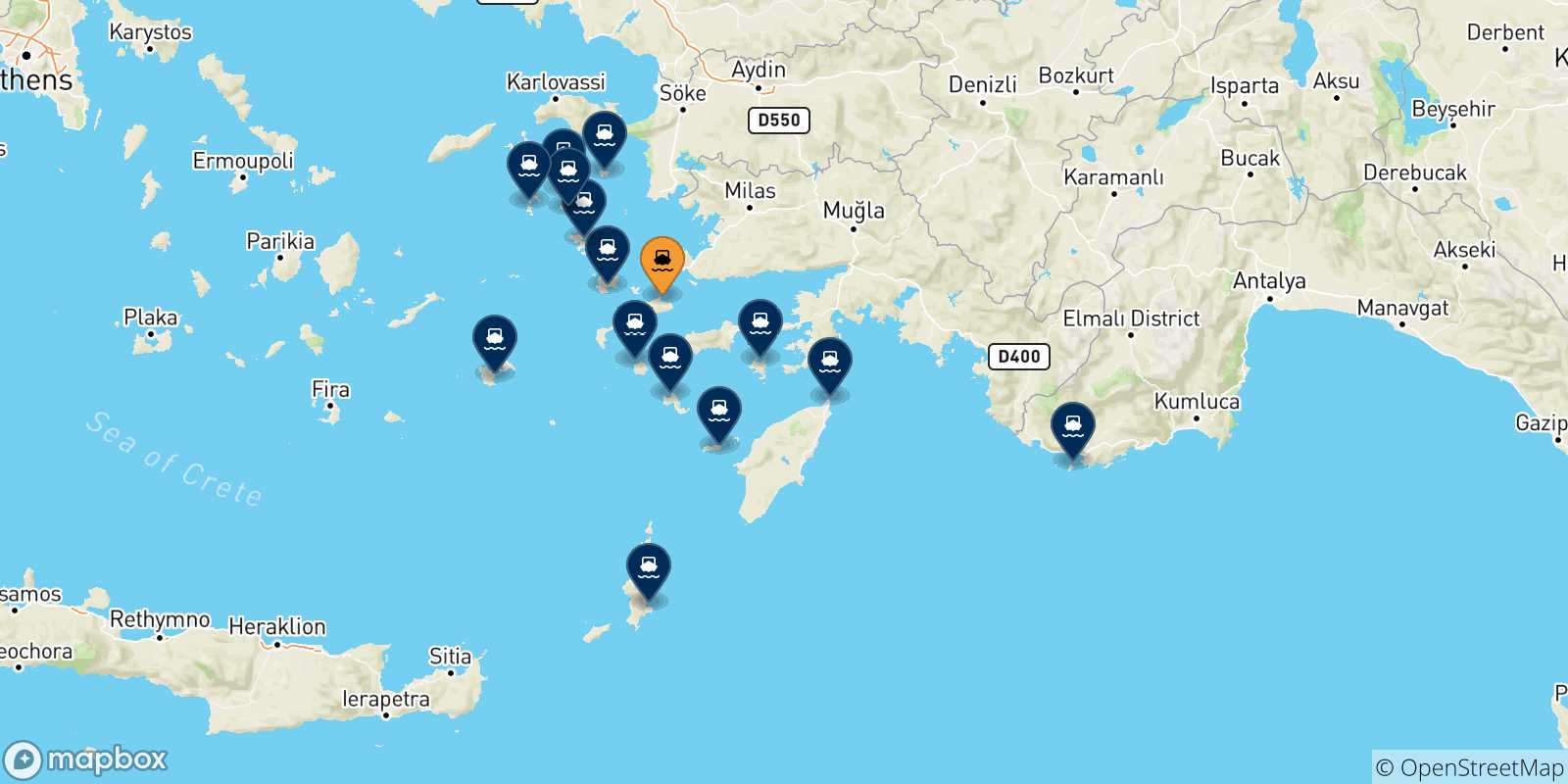 Map of the possible routes between Kos and Dodecanese Islands
