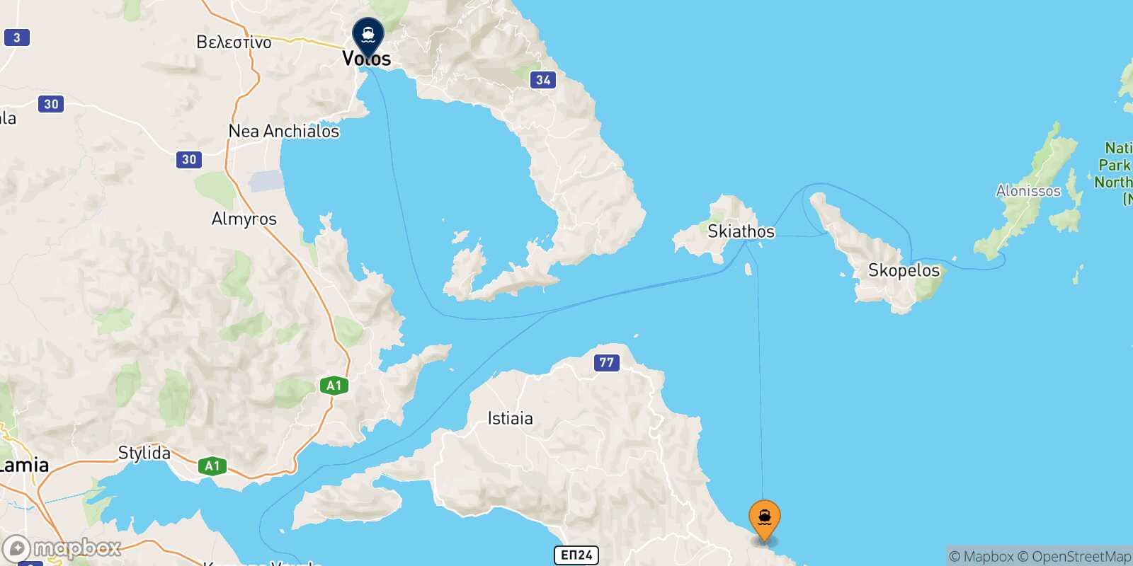 Mantoudi (Evia) Volos route map
