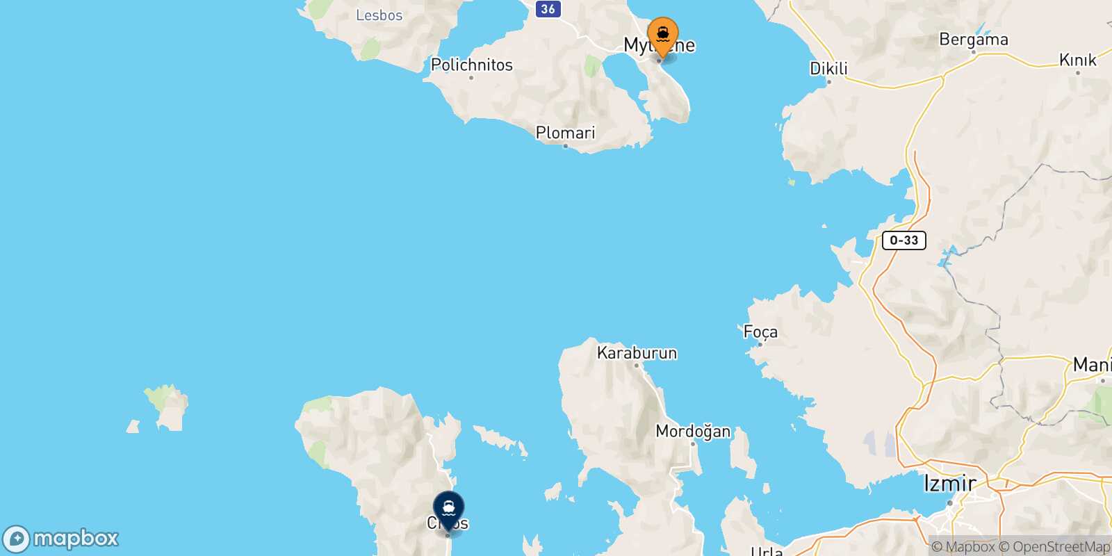 Mytilene (Lesvos) Chios route map