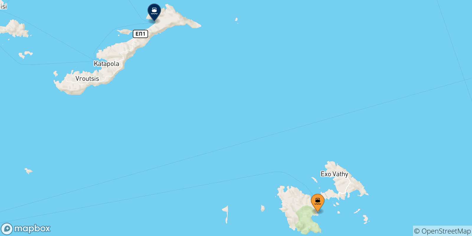 Map of the possible routes between Dodecanese Islands and Aegiali (Amorgos)