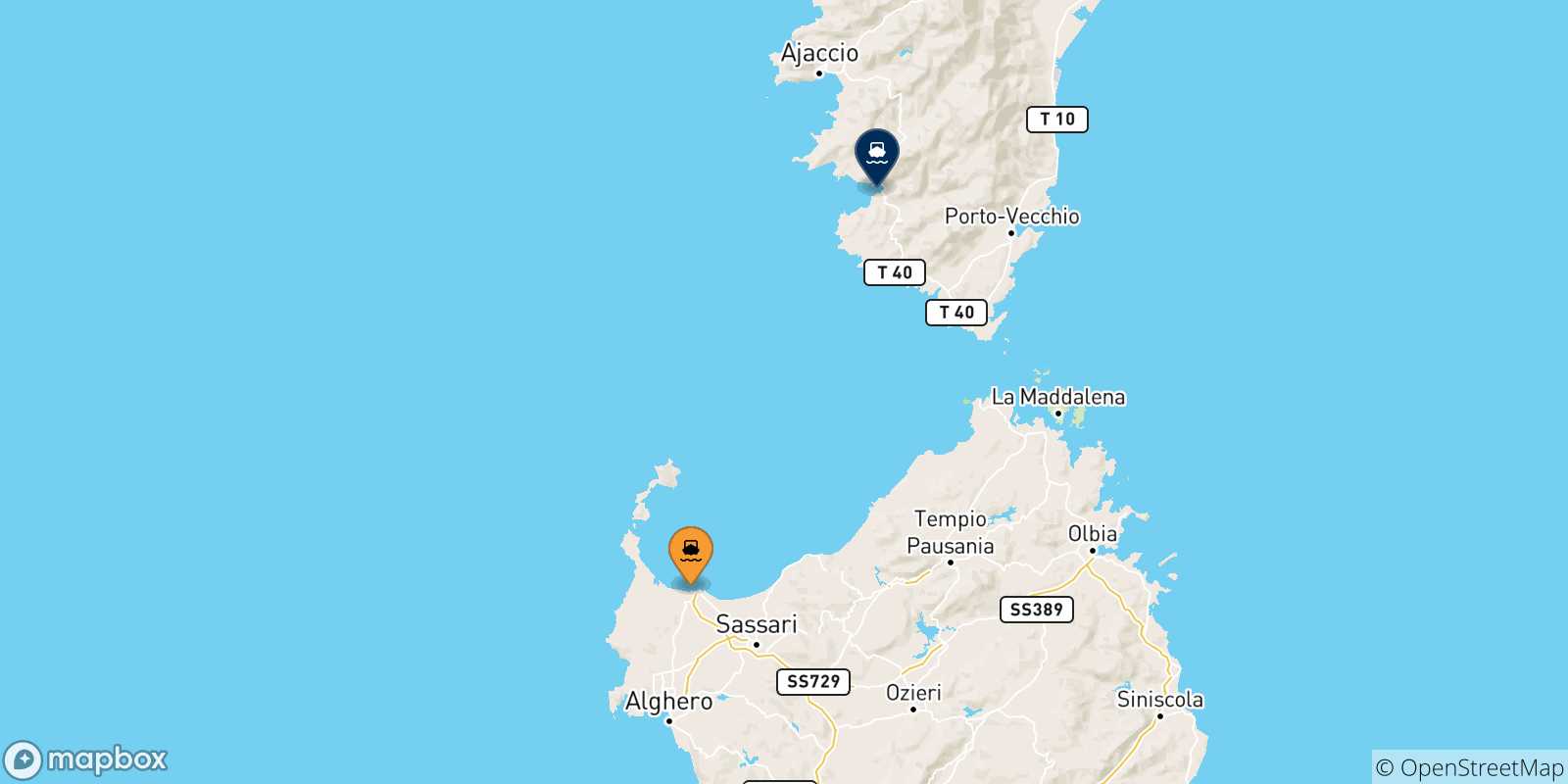 Map of the possible routes between Sardinia and Ajaccio