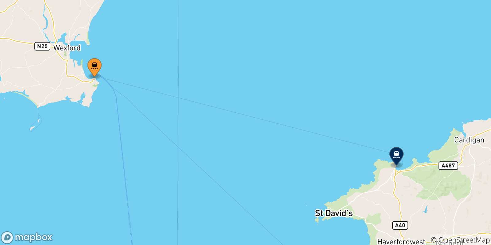 Map of the possible routes between Ireland and Fishguard