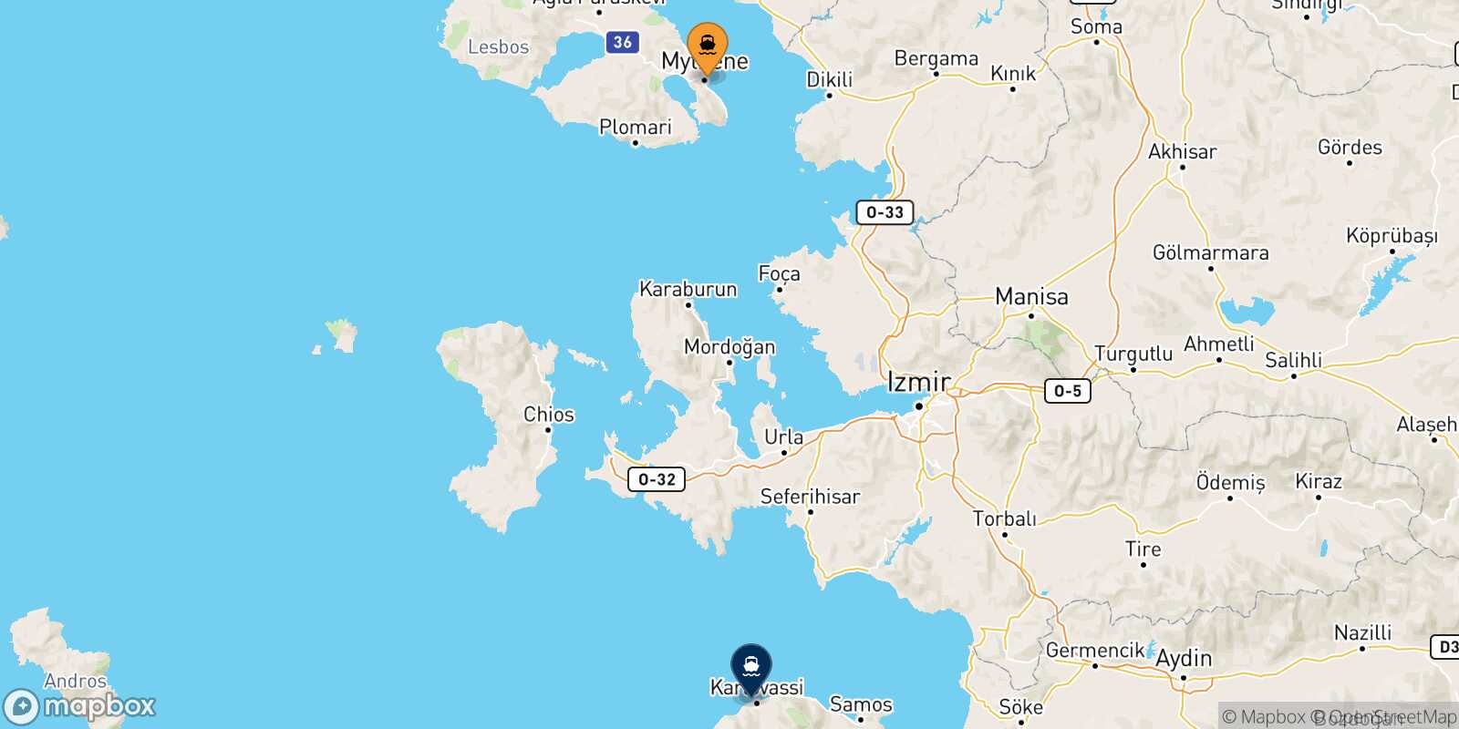 Mytilene (Lesvos) Karlovassi (Samos) route map