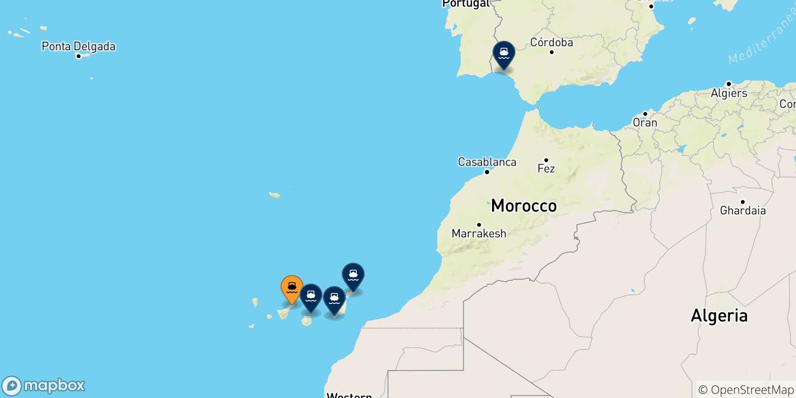 Map of the possible routes between Santa Cruz De Tenerife and Spain