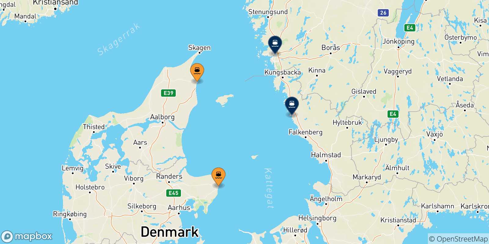 Map of the possible routes between Denmark and Sweden