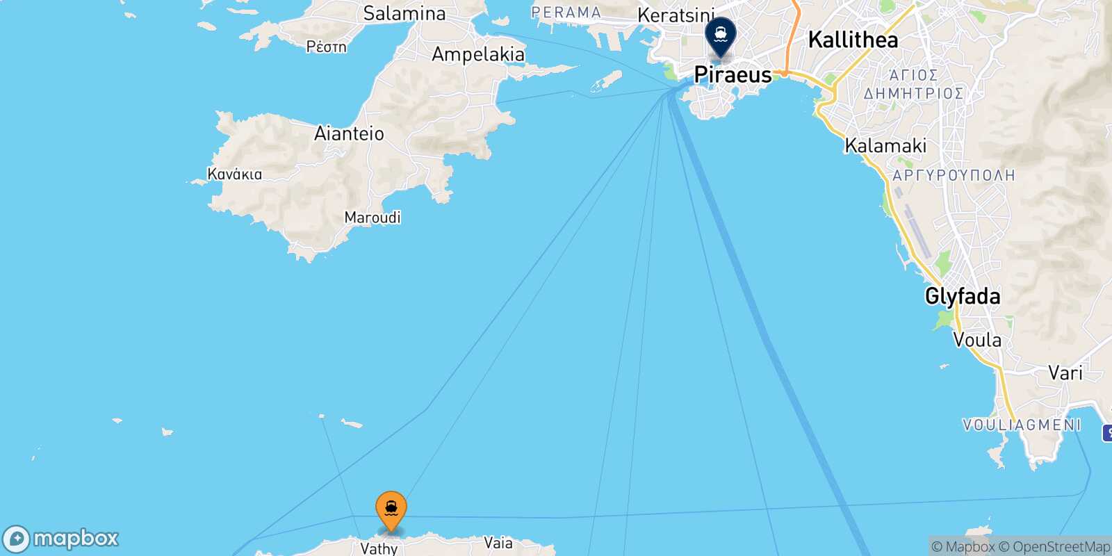 Souvala (Aegina) Piraeus route map