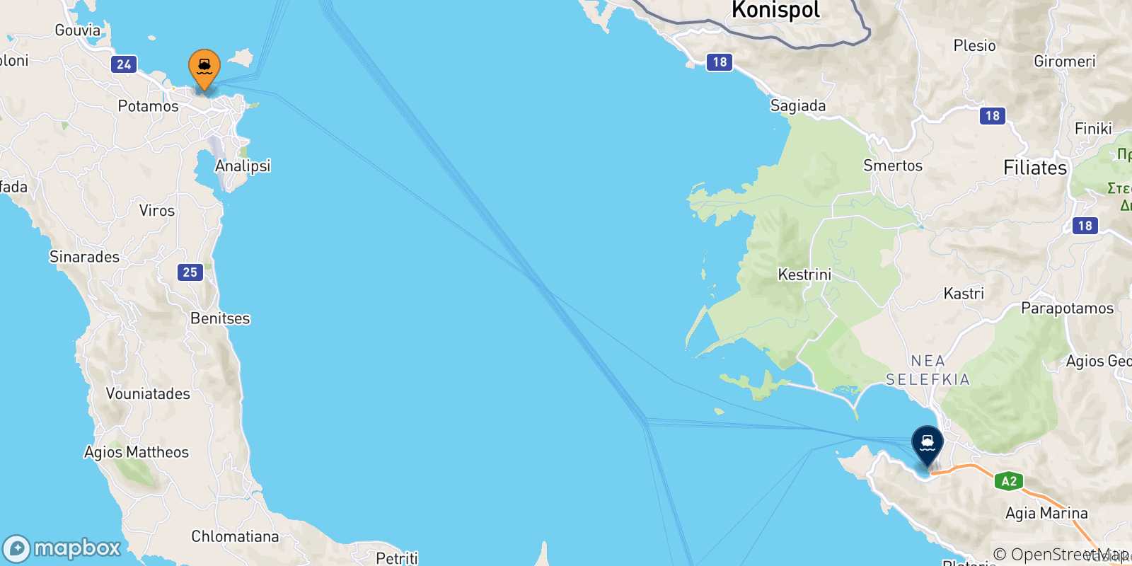 Map of the possible routes between Ionian Islands and Igoumenitsa