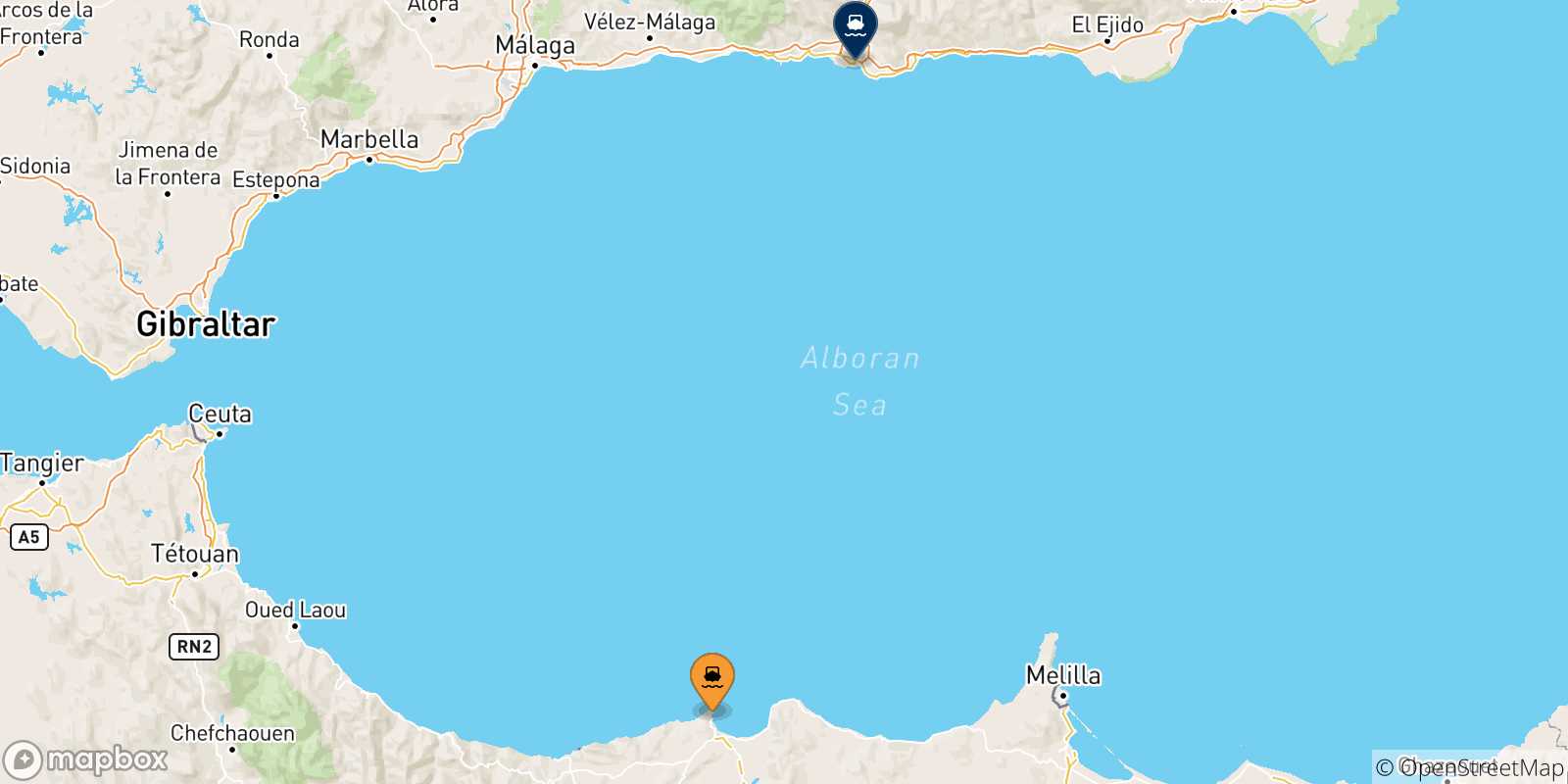 Map of the possible routes between Al Hoceima and Spain