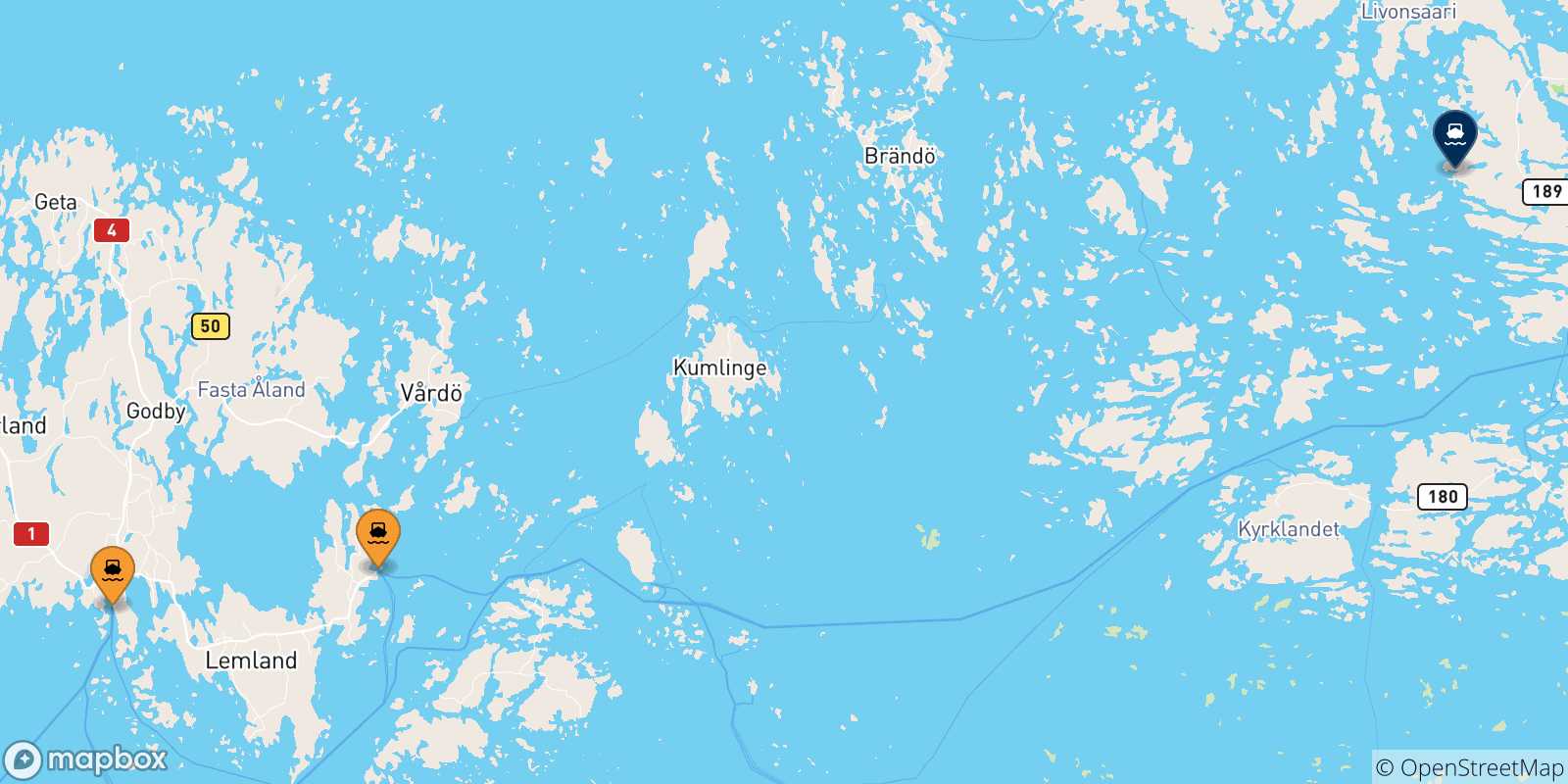 Map of the possible routes between Aland Islands and Turku