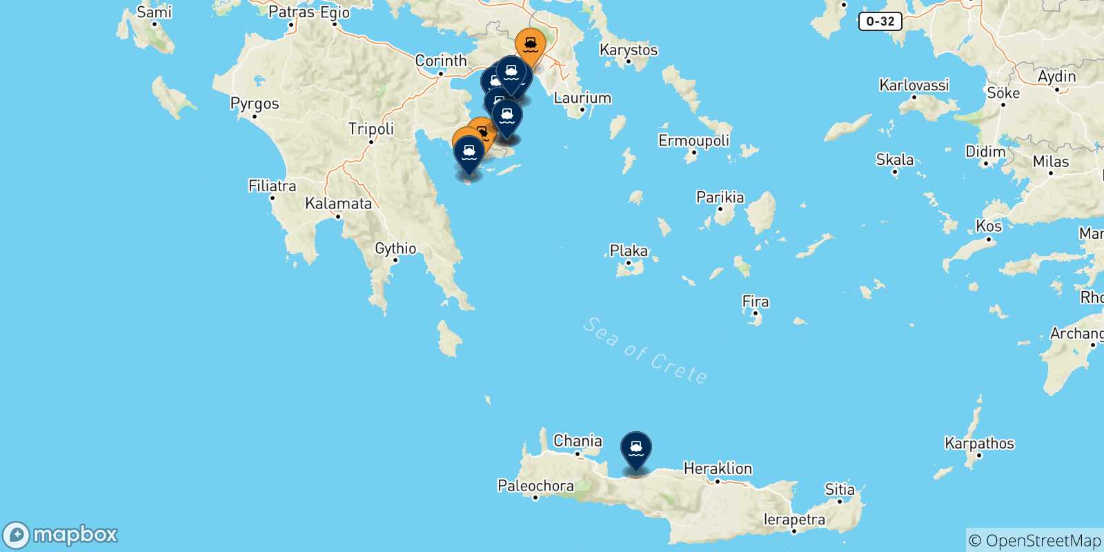 Map of the ports connected with  Saronic Islands