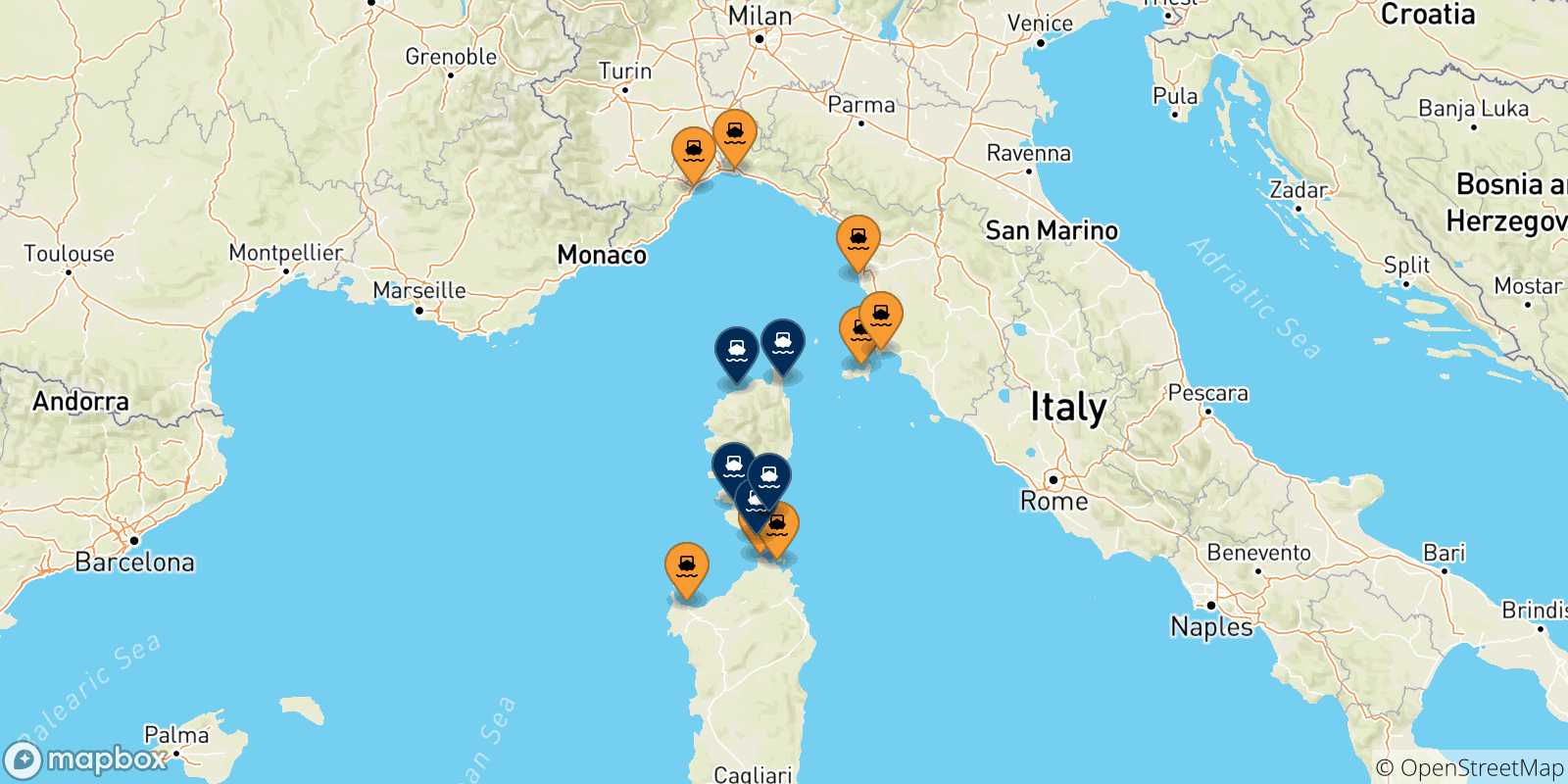 Map of the possible routes between Italy and Corsica