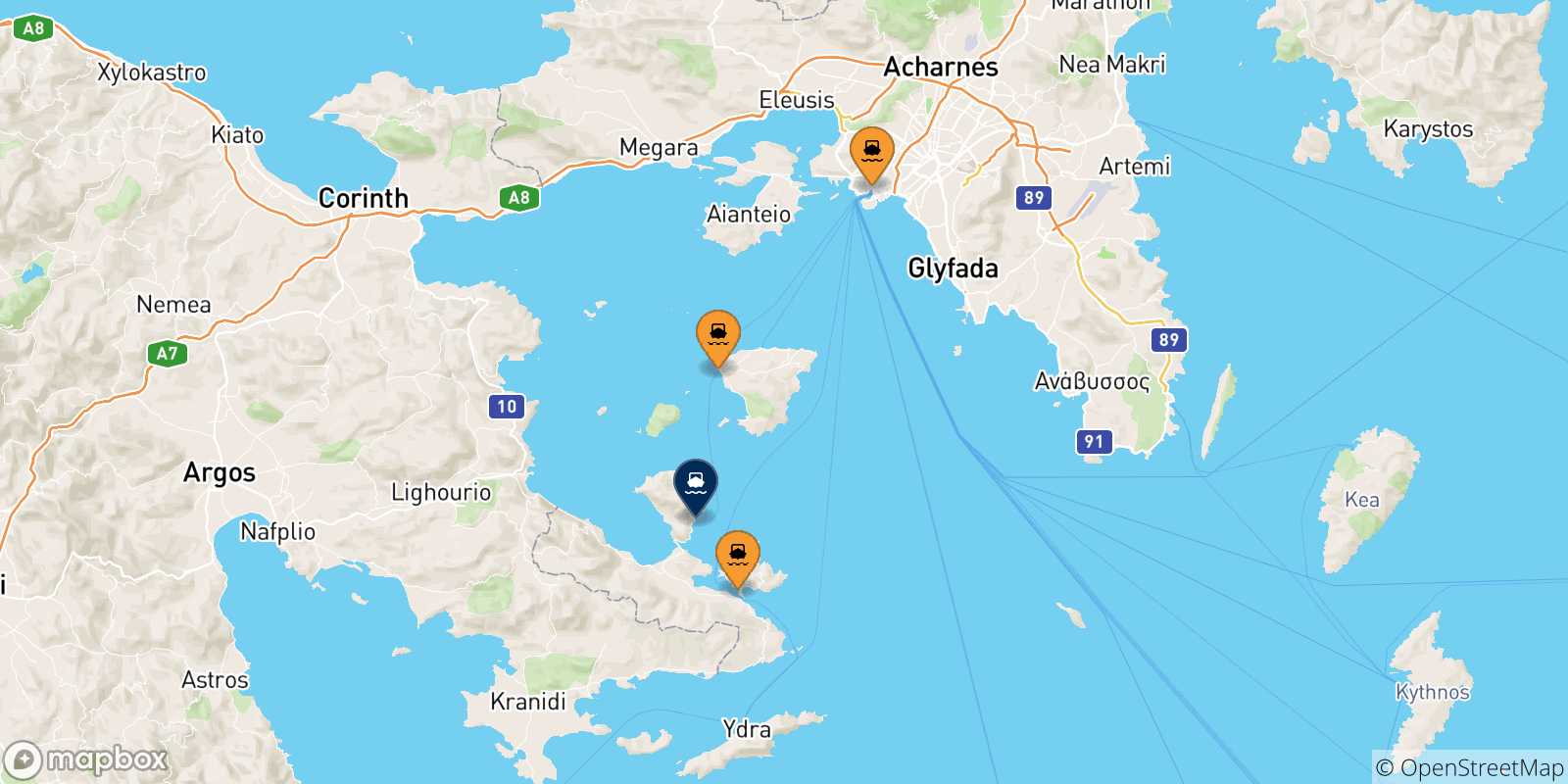 Map of the possible routes between Greece and Methana