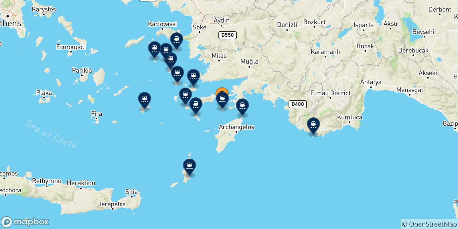 Map of the possible routes between Symi and Dodecanese Islands