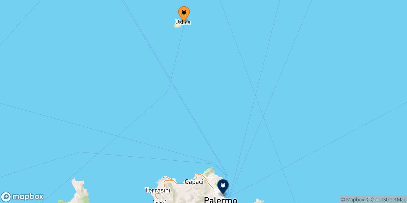 Map of the destinations reachable from Cala Cimitero (Ustica)