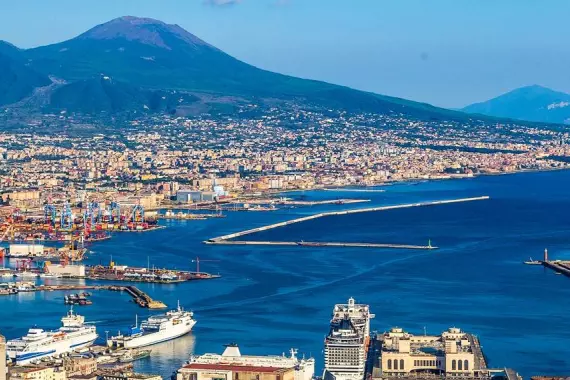 View of the Gulf with Mount Vesuvius in the distance, Naples, Italy.