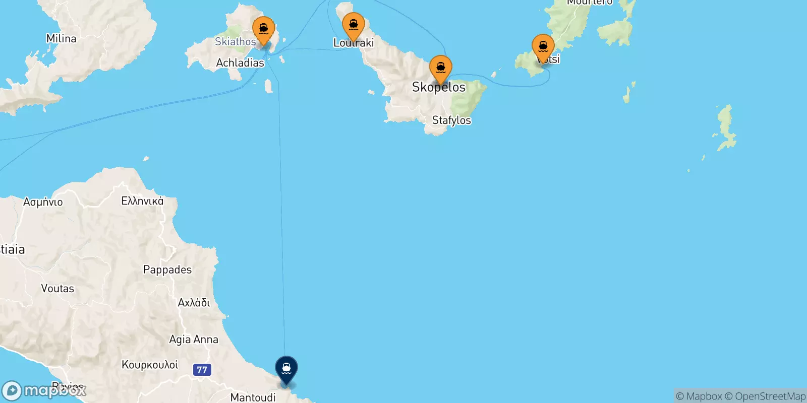 Ferries from the Sporades Islands to Mantoudi (Evia)